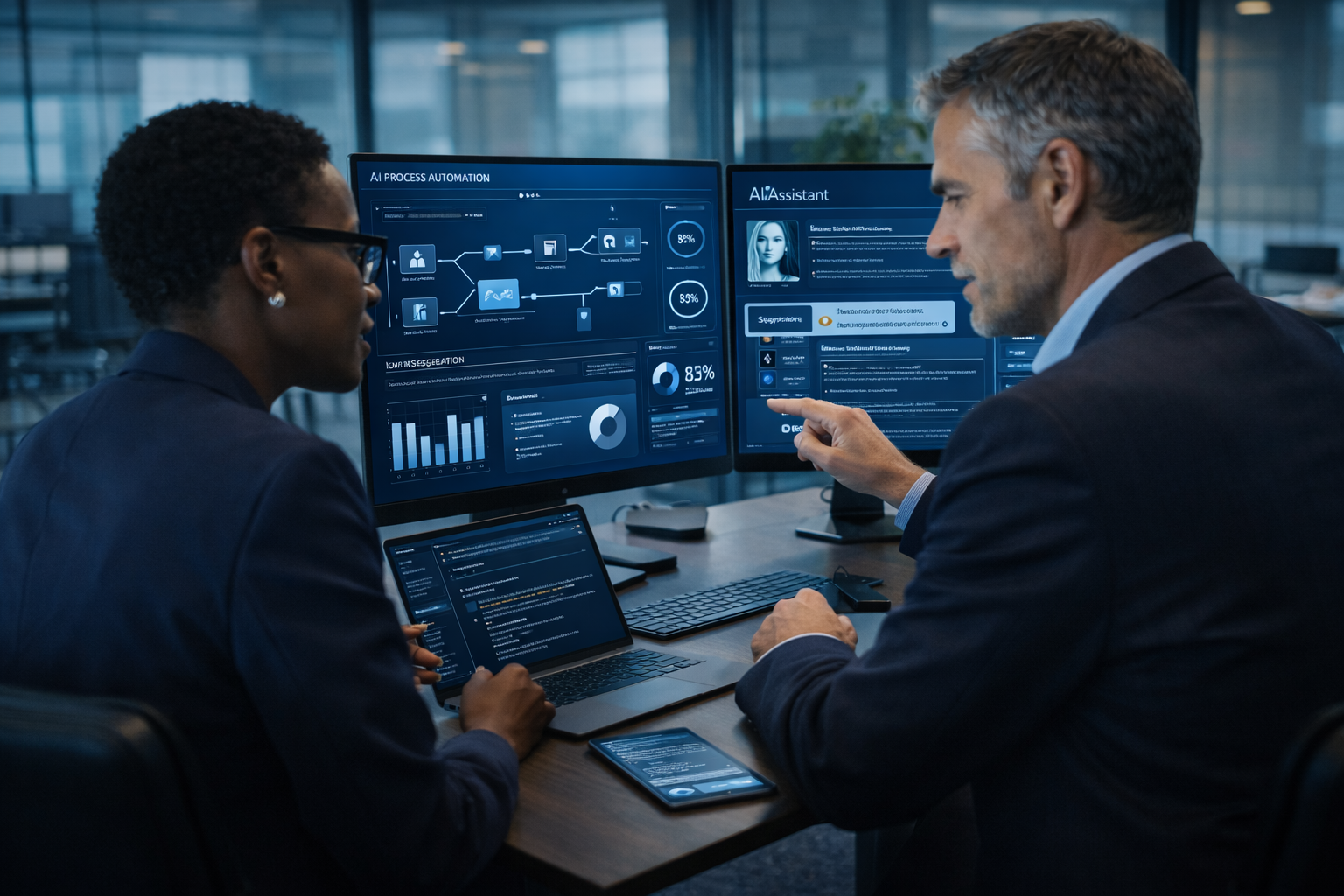 Professional AI strategy discussion in a modern meeting room